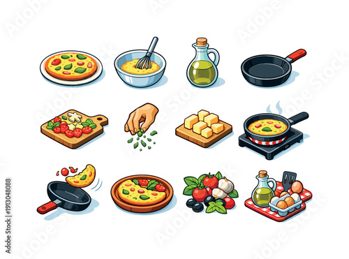 Italian omelette. Colorful isometric vector icons set of Italian omelette: classic frittata, egg mixture bowl, olive oil bottle, frying pan,