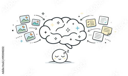 Memory consolidation in dreams. Simple icons of images and notes gently moving into a brain shape, calm and organized. The scene suggests