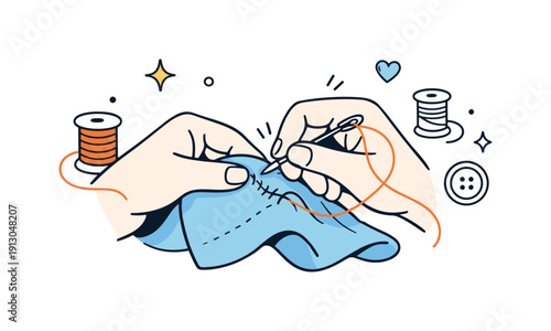   Repair instead of replace scenes. Close-up scene of hands sewing a torn piece of clothing, needle and thread moving gently. Quiet care and