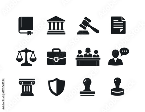   Legal Practices. Solid icon set of Legal Practices: law book, courthouse, judge gavel, legal document, scales of justice, lawyer briefcase,