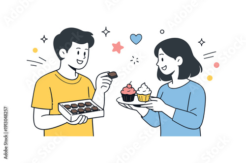    Sharing sweets and joy. Characters standing close while offering chocolates and cupcakes, celebrating small moments of happiness. Light