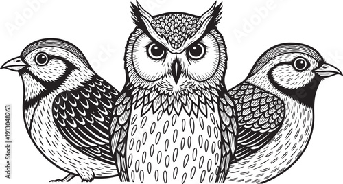 Black and white illustration of an owl with intense eyes, flanked by two smaller birds.