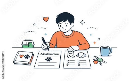 Adoption paperwork and preparation. Person reviewing simple documents with pet icons, calm and responsible decision-making. Clean editorial