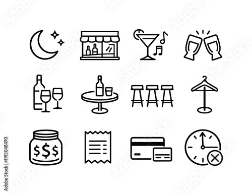 Bar Icon Night. Bar Night Out. Line icon set of Bar Night Out: night moon icon, city bar window, neon sign outline, clinking glasses, shared bottle, bar table,