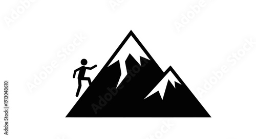Person climbing mountain peak silhouette icon.