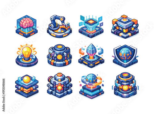    Technology Core. Colorful isometric vector icons set of Technology Core: AI core brain, robotics core, smart system core, automation core