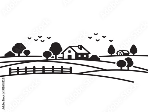 Beautiful rural nature set with charming countryside tree silhouettes