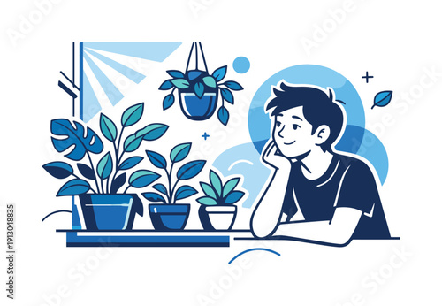   Living with plants. Person smiling slightly while looking at thriving windowsill plants,