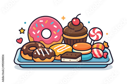 Dessert tray a playful assortment of donuts and sweet treats stacked on a tray, expressing fun, casual indulgence and a lighthearted mood.