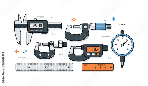 Precision measuring tools overview. Clean calipers, micrometers, and rulers arranged neatly on a workspace, showing accuracy and attention to