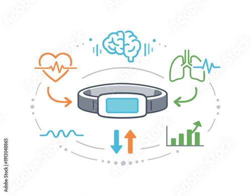   Biofeedback wearable concept icon. A simple wearable device paired with abstract body signals and arrows, visualizing real-time adaptation.