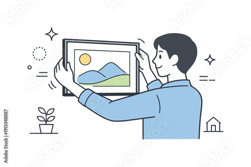 Hanging framed artwork. A person gently placing a framed print on the wall, focused and relaxed. Simple motion lines show careful adjustment