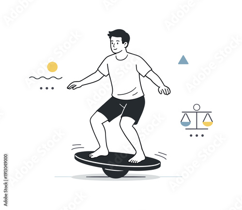   Balance training on unstable surfaces. Person standing on a balance board with arms slightly out, focused posture and calm concentration,