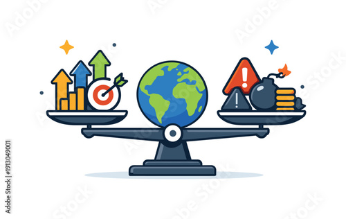 Financial Balance Icon. Global financial stability represented by a scale balancing growth arrows and risk icons in perfect equilibrium. The scene highlights