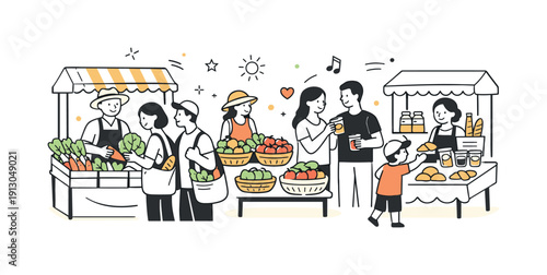    Food and farmers market festival. A friendly editorial scene with people browsing colorful stalls filled with fresh fruits, vegetables, and