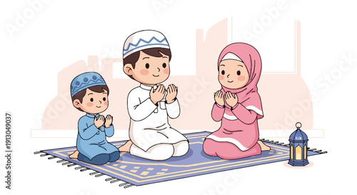 Muslim family praying together on prayer mat with lantern illustration