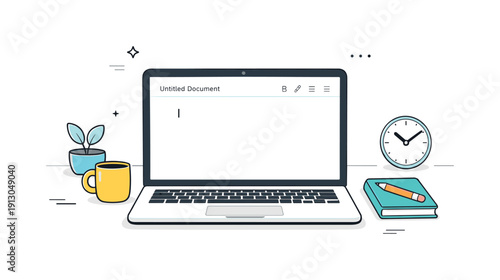   Blank documents open. Laptop screen showing a new untitled document, cursor blinking in an empty space. Quiet digital beginning with minimal