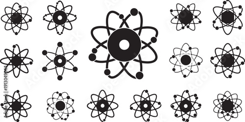 Collection of black and white atom symbols and icons
