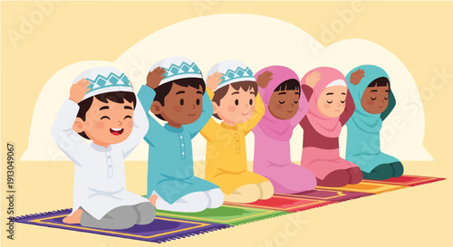 Diverse group of Muslim children praying on colorful mats happy kids in Islamic dress performing Salah or Dua flat vector illustration for Ramadan and Eid
