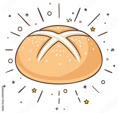 Cartoon illustration of a fresh baked bread roll with decorative details and embellishments