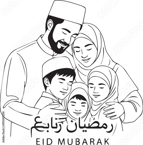 Happy Muslim family hugging together line art illustration for Eid Mubarak and Ramadan Kareem