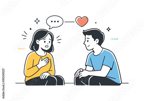 Empathy in Conversation. Emotional understanding. One person expressing feelings while the other listens attentively, with heart and dialogue icons symbolizing
