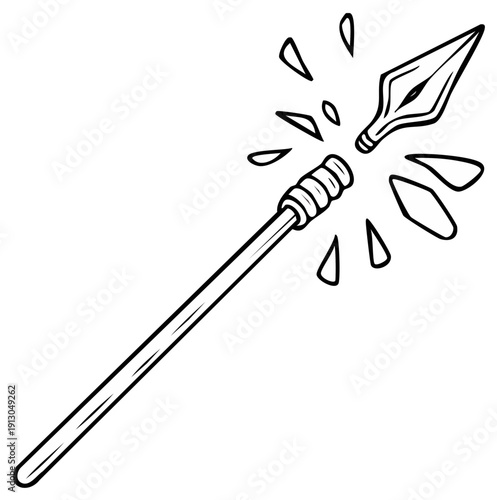 Black and White Cartoon Illustration of a Broken Ancient Spear Shattering on Impact