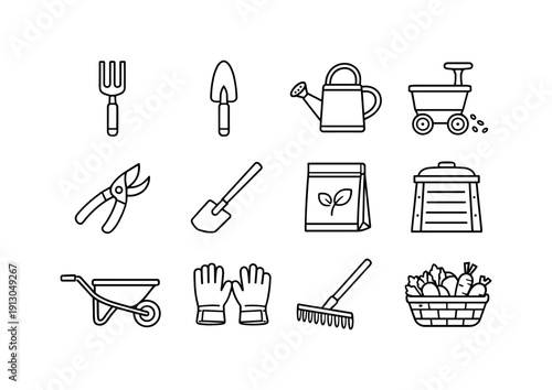 Organic Farming Tools. Line icon set of Organic Farming Tools: garden fork, hand trowel, watering can, seed spreader, pruning shears, hoe