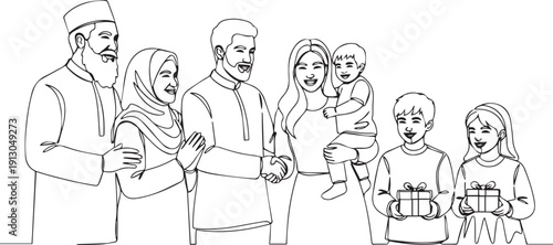 Happy Muslim multi generational family celebrating Eid or Ramadan together holding gift boxes and sharing joy in continuous line art style