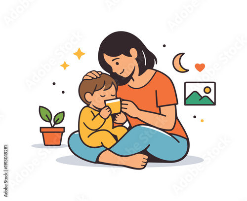  Motherhood lifestyle warm everyday moment with a mother caring for a child in a calm home setting, expressing love, connection, and gentle