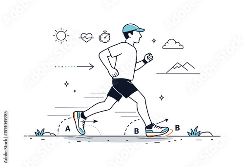    Outdoor running test scene. Person jogging on trail wearing new shoes with subtle motion trails and stride markers, calm and analytical mood.