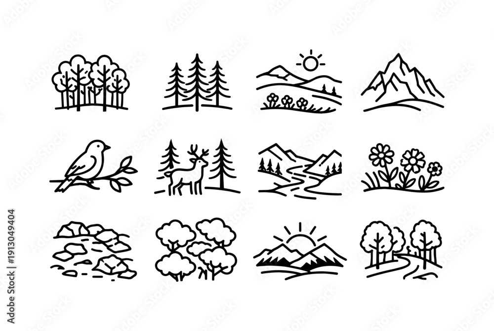 Obraz premium Aspen Nature. Line icon set of Aspen Nature: aspen tree grove, pine forest, alpine meadow, mountain peak, bird in tree, deer in woods, river