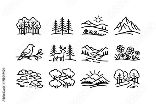 Aspen Nature. Line icon set of Aspen Nature: aspen tree grove, pine forest, alpine meadow, mountain peak, bird in tree, deer in woods, river