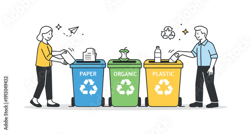 Office waste sorting. A simple editorial illustration of sorting bins in a workplace, promoting shared responsibility and organization.