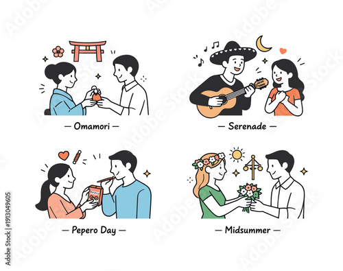 Cultural Dating Exchanges. Dating traditions across cultures. Simple characters exchanging gifts, messages, or gestures that differ by culture, calm and