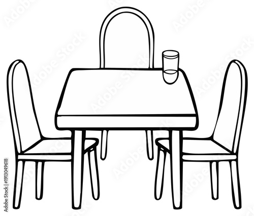 Simple illustration of a dining table with three chairs and a glass of water