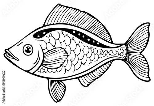 Detailed Ink Drawing of Tropical Fish with Scales, Fins, and Tail in Black and White, Artistic Illustration, Vector