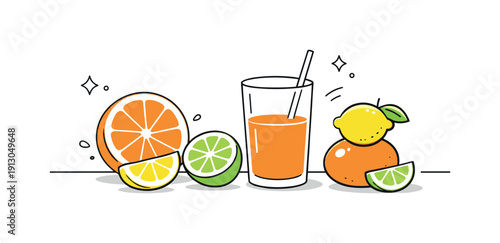 Citrus fruits minimal. A clean kitchen table scene with citrus slices, a glass of juice, and gentle morning light mood. Calm composition with