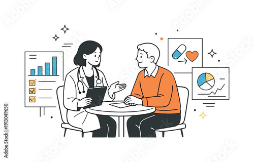 Patient-centered care. Doctor and patient sitting together, calmly discussing a treatment plan with simple charts nearby. Warm healthcare