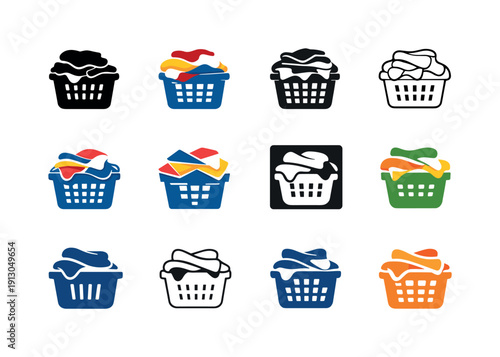   Laundry Basket Overflow. Icon set. Set Logo of Laundry Basket Overflow: stacked clothes pile. harmonious logo variations of the