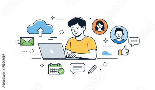 Freelance digital career. A minimalist scene combining laptop, cloud icons, and communication symbols, illustrating modern independent work