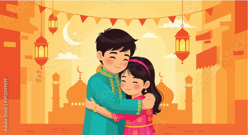 Happy Muslim siblings hugging and celebrating Eid Mubarak festival in a decorated city street cartoon illustration
