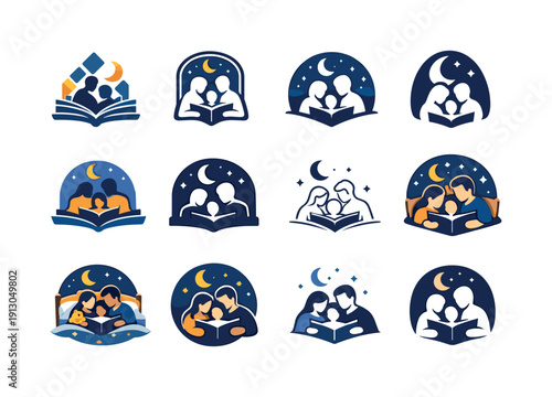    Encouraging family hobbies and creative activities. Icon set. Set Logo of encouraging family hobbies and creative activities: evening