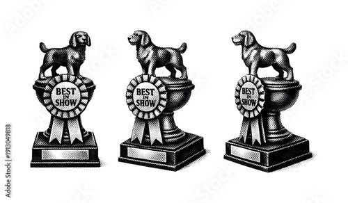 Dog Show Award Poster. Dog show poster best in show award poster shown as a single object from three different angles: front view, three-quarter view, and side