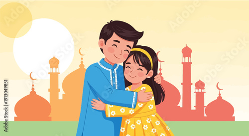 Happy Muslim brother and sister hugging in front of a mosque for Eid Mubarak celebration vector illustration