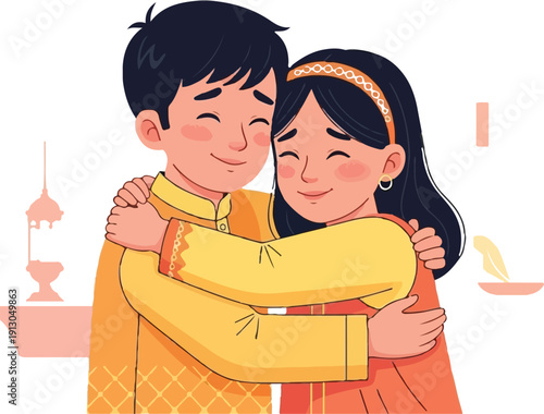 Cute Indian brother and sister hugging in traditional outfits for Raksha Bandhan celebration vector illustration