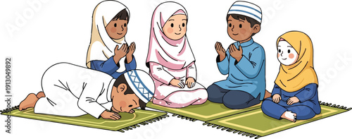Diverse Children Making Dua Sitting on Colorful Prayer Mats Illustration