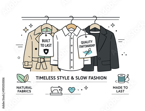Timeless fashion and slow fashion principles. A focused scene showing classic garments neatly arranged on hangers with simple tags