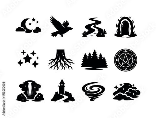 Mystical Environment. Solid icon set of Mystical Environment: moonlit sky, flying raven, foggy path, magic portal, star pattern, glowing