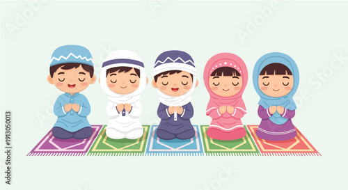 Kids Sitting on Prayer Mats Making Dua Illustration